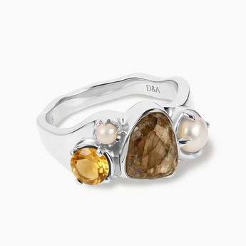 Raw Smoky Quartz & Round Citrine Wavy Ring - Rolling Tides 925 Sterling Silver Front View