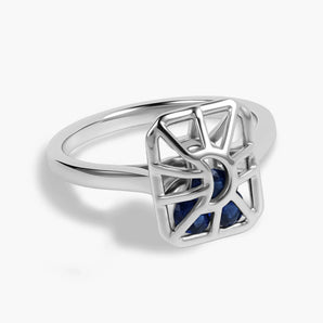 Rectangle Blue Sapphire Cutout Web Shaker Ring - Lunar Matrix 925 Sterling Front View