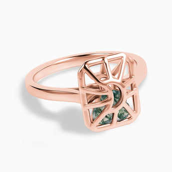 Rectangle Moss Agate Cutout Web Shaker Ring - Lunar Matrix 18KT Rose Gold Vermeil Front View