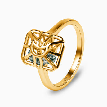 Rectangle Moss Agate Cutout Web Shaker Ring - Lunar Matrix 18KT Yellow Gold Vermeil Side View