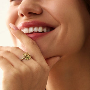 Rectangle Peridot Cutout Web Shaker Ring - Lunar Matrix 18KT Yellow Gold Vermeil Model Shot