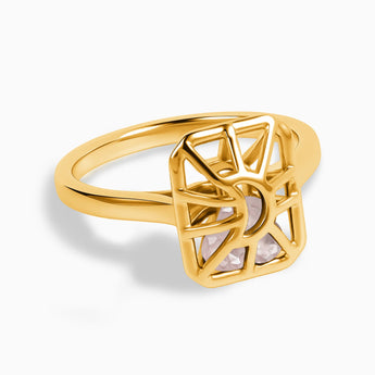 Rectangle Rose Quartz Cutout Web Shaker Ring - Lunar Matrix 18KT Yellow Gold Vermeil Front View