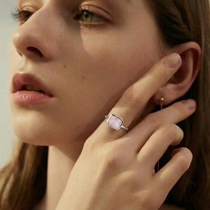 Rose Quartz Cushion Ring - Pure Hush 925 Sterling Silver Model Shot