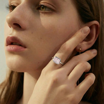Rose Quartz Cushion Ring - Pure Hush 925 Sterling Silver Model Shot