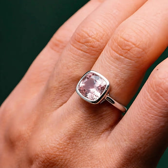 Rose Quartz Cushion Ring - Pure Hush 925 Sterling Silver Worn View