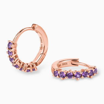 Round Amethyst Huggie Hoop Earrings - Hushed 18KT Rose Gold Vermeil Multi Angle View