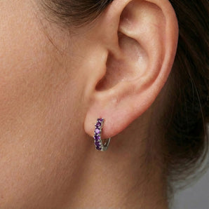 Round Amethyst Huggie Hoop Earrings - Hushed 925 Sterling Silver Worn View