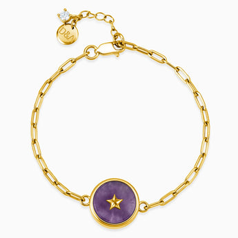 Round Amethyst Paperclip Bracelet - Solo Star 18KT Yellow Gold Vermeil Front View