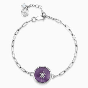 Round Amethyst Paperclip Bracelet - Solo Sun 925 Sterling Front View