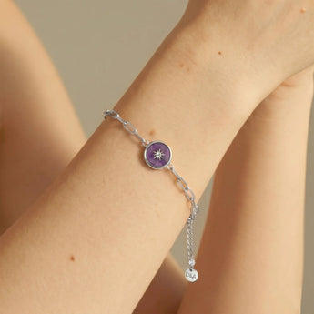 Round Amethyst Paperclip Bracelet - Solo Sun 925 Sterling Model Shot