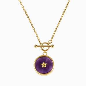 Round Amethyst Toggle Clasp Necklace - Inner Star 18KT Yellow Gold Vermeil Front View