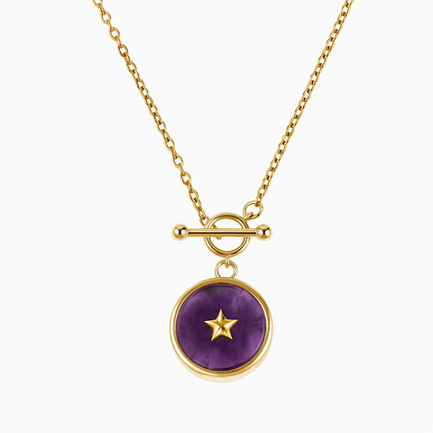 Round Amethyst Toggle Clasp Necklace - Inner Star 18KT Yellow Gold Vermeil Front View