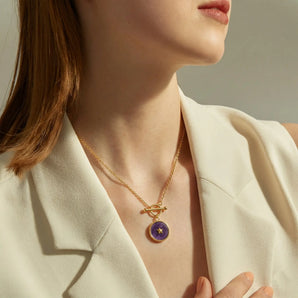 Round Amethyst Toggle Clasp Necklace - Inner Star 18KT Yellow Gold Vermeil Model Shot