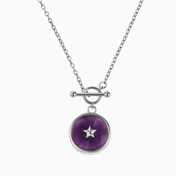 Round Amethyst Toggle Clasp Necklace - Inner Star 925 Sterling Front View