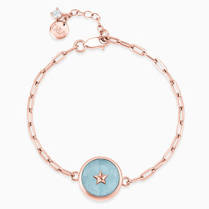 Round Aquamarine Paperclip Bracelet - Solo Star 18KT Rose Gold Vermeil Front View