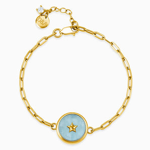 Round Aquamarine Paperclip Bracelet - Solo Star 18KT Yellow Gold Vermeil Front View