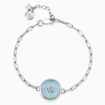 Round Aquamarine Paperclip Bracelet - Solo Star 925 Sterling Front View