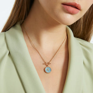 Round Aquamarine Toggle Clasp Necklace - Inner Moon 18KT Rose Gold Vermeil Model Shot