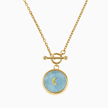 Round Aquamarine Toggle Clasp Necklace - Inner Moon 18KT Yellow Gold Vermeil Front View