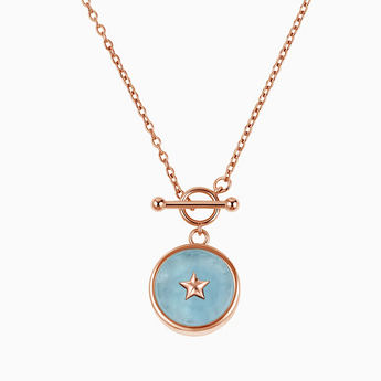 Round Aquamarine Toggle Clasp Necklace - Inner Star 18KT Rose Gold Vermeil Front View