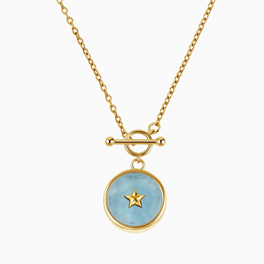 Round Aquamarine Toggle Clasp Necklace - Inner Star 18KT Yellow Gold Vermeil Front View