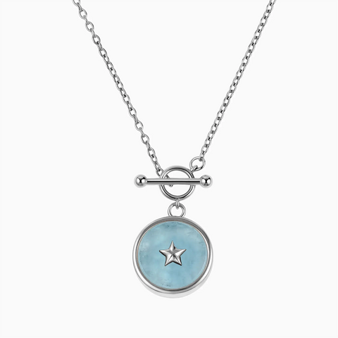 Round Aquamarine Toggle Clasp Necklace - Inner Star 925 Sterling Front View