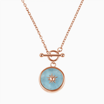Round Aquamarine Toggle Clasp Necklace - Inner Sun 18KT Rose Gold Vermeil Front View
