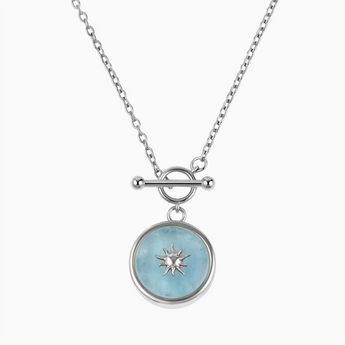 Round Aquamarine Toggle Clasp Necklace - Inner Sun 925 Sterling Front View