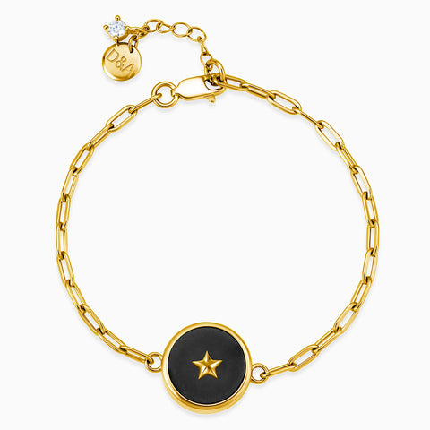 Round Black Onyx Paperclip Bracelet - Solo Star 18KT Yellow Gold Vermeil Front View