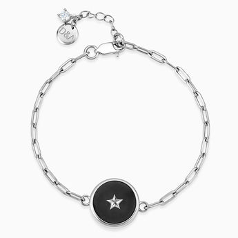 Round Black Onyx Paperclip Bracelet - Solo Star 925 Sterling Front View