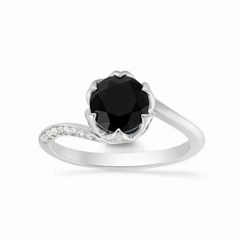 Round Black Onyx Petal Prong Ring - Bloom 925 Sterling Silver Front View