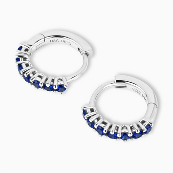 Round Blue Sapphire Huggie Hoop Earrings - Hushed 925 Sterling Silver Overhead View