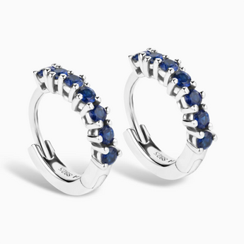 Round Blue Sapphire Huggie Hoop Earrings - Hushed 925 Sterling Silver Side View