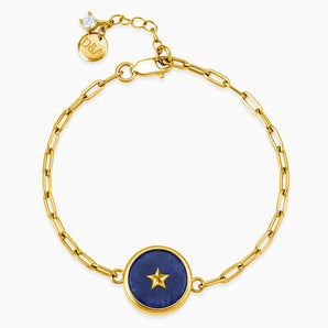 Round Blue Sapphire Paperclip Bracelet - Solo Star 18KT Yellow Gold Vermeil Front View