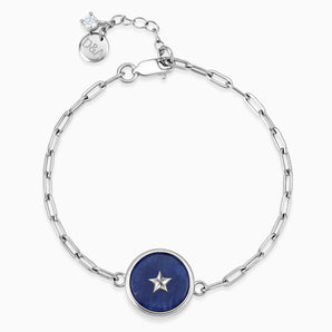 Round Blue Sapphire Paperclip Bracelet - Solo Star 925 Sterling Front View