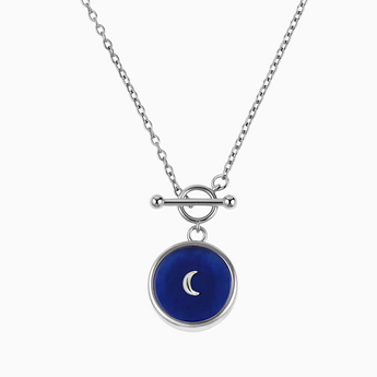 Round Blue Sapphire Toggle Clasp Necklace - Inner Moon 925 Sterling Front View