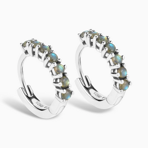 Round Labradorite Huggie Hoop Earrings - Hushed 925 Sterling Silver Side View