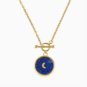 Round Lapis Lazuli Toggle Clasp Necklace - Inner Moon 18KT Yellow Gold Vermeil Front View
