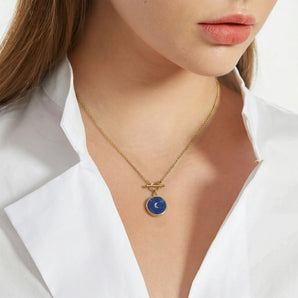 Round Lapis Lazuli Toggle Clasp Necklace - Inner Moon 18KT Yellow Gold Vermeil Model Shot