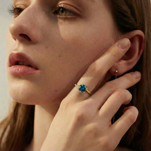 Round London Blue Topaz Petal Prong Ring - Bloom 18KT 18KT Yellow Gold Vermeil Model Shot