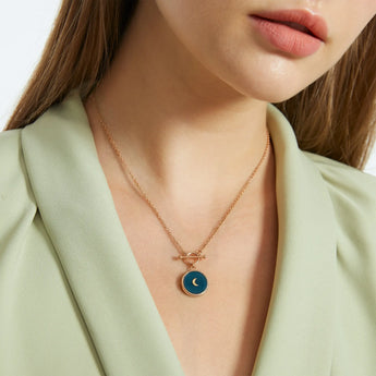 Round London Blue Topaz Toggle Clasp Necklace - Inner Moon 18KT Rose Gold Vermeil Model Shot