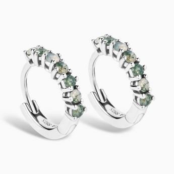 Round Moss Agate Huggie Hoop Earrings - Hushed 925 Sterling Silver Side View