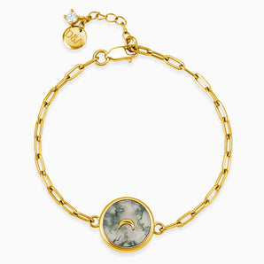 Round Moss Agate Paperclip Bracelet - Solo Moon 18KT Yellow Gold Vermeil Front View