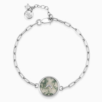Round Moss Agate Paperclip Bracelet - Solo Moon 925 Sterling Front View
