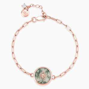 Round Moss Agate Paperclip Bracelet - Solo Sun 18KT Rose Gold Vermeil Front View