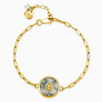 Round Moss Agate Paperclip Bracelet - Solo Sun 18KT Yellow Gold Vermeil Front View