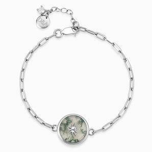 Round Moss Agate Paperclip Bracelet - Solo Sun 925 Sterling Front View