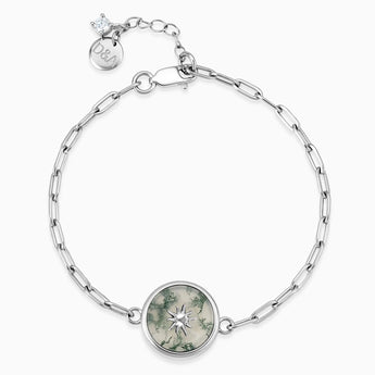 Round Moss Agate Paperclip Bracelet - Solo Sun 925 Sterling Front View