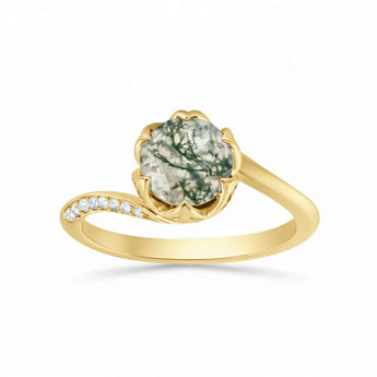Round Moss Agate Petal Prong Ring - Bloom 18KT Yellow Gold Vermeil Front View