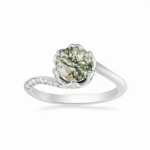 Round Moss Agate Petal Prong Ring - Bloom 925 Sterling Silver Front View